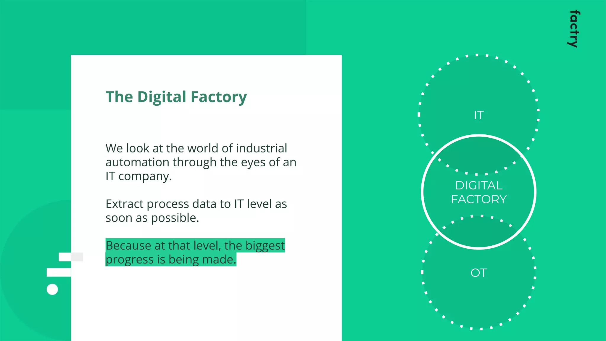 The Digital Factory
We look at the world of industrial
automation through the eyes of an
IT company.
Extract process data to IT level as
soon as possible.
Because at that level, the biggest
progress is being made.
OT
IT
DIGITAL
FACTORY
 