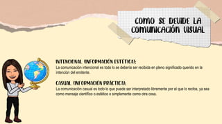 INTENCIONAL (INFORMACIÓN ESTÉTICA):
La comunicación intencional es todo lo se debería ser recibida en pleno significado querido en la
intención del emitente.
CASUAL (INFORMACIÓN PRÁCTICA):
La comunicación casual es todo lo que puede ser interpretado libremente por el que lo reciba, ya sea
como mensaje científico o estético o simplemente como otra cosa.
 