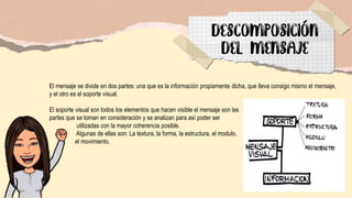 El mensaje se divide en dos partes: una que es la información propiamente dicha, que lleva consigo mismo el mensaje,
y el otro es el soporte visual.
El soporte visual son todos los elementos que hacen visible el mensaje son las
partes que se toman en consideración y se analizan para así poder ser
utilizadas con la mayor coherencia posible.
Algunas de ellas son: La textura, la forma, la estructura, el modulo,
el movimiento.
 