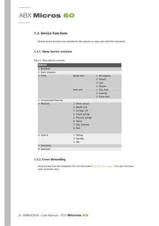 ABX Micros 60
8 - RAB042FEN - User Manual - ABX Micros 60
1.3. Service Functions
Several service functions are available for the operator to clean and check the instrument.
1.3.1. Menu Service overview
1.3.2. Cover dismantling
Using the key from the installation kit, turn the locker (“Fig.6-8: Door, page 9”) to open the pneu-
matic protection door.
Tab.6-1: MenuService overview
SERVICE
1- Backflush
2- Drain chambers
3- Prime Bottle Unit 1- All reagents
2- Diluent
3- Lyse
4- Cleaner
Pack unit 1- Chg. Pack
2- Capacity
3- Prime Pack
4- Concentrated Cleaning
5- Mechanic 1- Check sensors
2- Needle U/D
3- Carriage L/R
4- Liquid syringe
5- Pressure syringe
6- Valves
7- Chg. Contrast
8- Park
6- Cycle # 1- Startup
2- Standby
3- CBC
7- Technician
8- Autoclean
 