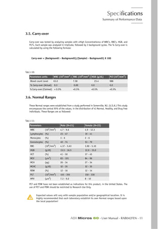 Specifications
Summary of Performance Data
ABX Micros 60 - User Manual - RAB042FEN - 11
3.5. Carry-over
Carry-over was tested by analyzing samples with «High Concentrations» of WBC’s, RBC’s, HGB, and
PLT’s. Each sample was analyzed in triplicate, followed by 3 background cycles. The % Carry-over is
calculated by using the following formula:
Carry-over = (Background1 - Background3)/(Sample3 - Background3) X 100
Parame
3.6. Normal Ranges
These Normal ranges were established from a study performed in Somerville, NJ. (U.S.A.) This study
encompasses the central 95% of the values, in the distribution of 43 Normal, Healthy, and Drug Free
individuals. These Ranges are as followed:
)
PCT and PDW have not been established as indications for this product, in the United States. The
use of PCT and PDW should be restricted to Research Use Only.
Expected values will vary with sample population and/or geographical location. It is
highly recommended that each laboratory establish its own Normal ranges based upon
the local population!
Tab.1-10:
Parameters units WBC (103
/mm3
) RBC (106
/mm3
) HGB (g/dL) PLT(103
/mm3
)
Blood count Level 63.0 7.58 23.4 988
% Carry-over (Actual) 0.3 0.00 0.0 0.0
% Carry-over (Claimed) < 0.5% <0.5% <0.5% <0.5%
Tab.1-11:
Parameters Male (N=21) Female (N=22)
WBC (103/mm3) 4.7 - 9.6 4.9 - 12.3
Lymphocytes (%) 23 - 47 19 - 41
Monocytes (%) 3 - 6 2 - 6
Granulocytes (%) 49 - 74 53 - 79
RBC (106/mm3) 4.37 - 5.63 3.90 - 5.10
HGB (g/dl) 13.5 - 16.5 12.0 - 15.0
HCT (%) 41 - 50 37 - 45
MCV (µm3) 83 - 101 84 - 96
MCH (pg) 26 - 34 27 - 34
MCHC (g/dl) 32 - 35 32 - 35
RDW (%) 12 - 16 12 - 14
PLT (103
/mm3
) 145 - 355 150 - 330
MPV (µm3
) 7.3 - 9.0 8 - 10
 