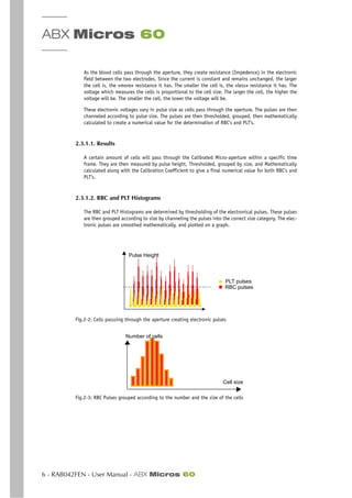 ABX Micros 60
6 - RAB042FEN - User Manual - ABX Micros 60
As the blood cells pass through the aperture, they create resistance (Impedence) in the electronic
field between the two electrodes. Since the current is constant and remains unchanged, the larger
the cell is, the «more» resistance it has. The smaller the cell is, the «less» resistance it has. The
voltage which measures the cells is proportional to the cell size. The larger the cell, the higher the
voltage will be. The smaller the cell, the lower the voltage will be.
These electronic voltages vary in pulse size as cells pass through the aperture. The pulses are then
channeled according to pulse size. The pulses are then thresholded, grouped, then mathematically
calculated to create a numerical value for the determination of RBC’s and PLT’s.
2.3.1.1. Results
A certain amount of cells will pass through the Calibrated Micro-aperture within a specific time
frame. They are then measured by pulse height, Thresholded, grouped by size, and Mathematically
calculated along with the Calibration Coefficient to give a final numerical value for both RBC’s and
PLT’s.
2.3.1.2. RBC and PLT Histograms
The RBC and PLT Histograms are determined by thresholding of the electronical pulses. These pulses
are then grouped according to size by channeling the pulses into the correct size category. The elec-
tronic pulses are smoothed mathematically, and plotted on a graph.
Fig.2-2: Cells passsing through the aperture creating electronic pulses
Fig.2-3: RBC Pulses grouped according to the number and the size of the cells
Pulse Height
PLT pulses
RBC pulses
Cell size
Number of cells
 