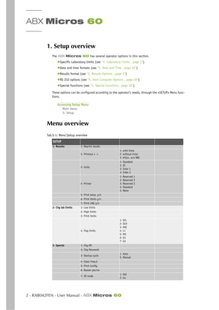 ABX Micros 60
2 - RAB042FEN - User Manual - ABX Micros 60
1. Setup overview
The ABX Micros 60 has several operator options in this section.
◆Specific Laboratory limits (see “3. Laboratory Limits , page 7”)
◆Date and time formats (see “5. Date and Time , page 15”)
◆Results format (see “2. Results Options , page 3”)
◆RS 232 options (see “6. Host Computer Options , page 16”)
◆Special functions (see “4. Special Functions , page 10”)
These options can be configured according to the operator’s needs, through the «SETUP» Menu func-
tions.
Accessing Setup Menu
Main menu
5- Setup
Menu overview
Tab.5-1: MenuSetup overview
SETUP
1- Results 1- Reprint results
2- Printout < >
1- with histo
2- without histo
3- Histo. w/o RBC
3- Units
1- Standard
2- SI
3- Inter 1
4- Inter 2
4- Printer
1- Reserved 1
2- Reserved 2
3- Reserved 3
4- Standard
5- None
5- Print temp. y/n
6- Print limits y/n
7- Print LMG y/n
2- Chg lab limits 1- Low limits
2- High limits
3- Print limits
4- Flag limits
1- SCL
2- SCH
3- MIC
4- L1
5- M2
6- G1
7- G3
3- Special 1- Chg OP.
2- Chg Password
3- Startup cycle
1- Auto
2- Manual
4- Clean Freq.0
5- Print Config.
6- Buzzer yes/no
7- ID mode
1- Std
2- Us
 