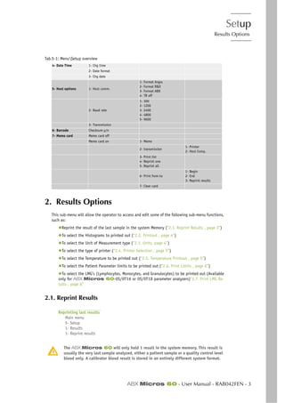 Setup
Results Options
ABX Micros 60 - User Manual - RAB042FEN - 3
2. Results Options
This sub-menu will allow the operator to access and edit some of the following sub-menu functions,
such as:
◆Reprint the result of the last sample in the system Memory (“2.1. Reprint Results , page 3”)
◆To select the Histograms to printed out (“2.2. Printout , page 4”)
◆To select the Unit of Measurement type (“2.3. Units, page 4”)
◆To select the type of printer (“2.4. Printer Selection , page 5”)
◆To select the Temperature to be printed out (“2.5. Temperature Printout , page 5”)
◆To select the Patient Parameter limits to be printed out (“2.6. Print Limits , page 6”)
◆To select the LMG’s (Lymphocytes, Monocytes, and Granulocytes) to be printed out (Available
only for ABX Micros 60-0S/0T16 or 0S/0T18 parameter analyzers)“2.7. Print LMG Re-
sults , page 6”
2.1. Reprint Results
Reprinting last results
Main menu
5- Setup
1- Results
1- Reprint results
The ABX Micros 60 will only hold 1 result in the system memory. This result is
usually the very last sample analyzed, either a patient sample or a quality control level
blood only. A calibrator blood result is stored in an entirely different system format.
4- Date Time 1- Chg time
2- Date format
3- Chg date
5- Host options 1- Host comm.
1- Format Argos
2- Format R&D
3- Format ABX
4- TR off
2- Baud rate
1- 300
2- 1200
3- 2400
4- 4800
5- 9600
3- Transmission
6- Barcode Checksum y/n
7- Memo card Memo card off
Memo card on 1- Memo
2- transmission
1- Printer
2- Host Comp.
3- Print list
4- Reprint one
5- Reprint all
6- Print from-to
1- Begin
2- End
3- Reprint results
7- Clear card
Tab.5-1: MenuSetup overview
 