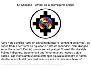 La Chacana - Símbol de la cosmogonia andina




Abya Yala significa "terra en plena maduresa" o "continent de la vida", es
podria traduir per "terra de riquesa" o "terra de l'abundor". Nom d'origen
kuna (Panamà-Colòmbia) que va ser adoptat pel Consell Mundial dels
Pobles Indígenes, argumentant que "Anomenar les nostres ciutats,
pobles i continents amb un nom estranger equival a sotmetre la nostra
identitat a la voluntat dels nostres invasors i a la dels seus hereus"
http://pumaindomable.blogspot.com.es/2008/05/la-chacana.html http://ca.wikipedia.org/wiki/Abya_Yala
 