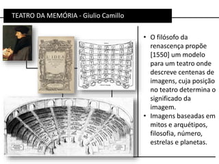 TEATRO DA MEMÓRIA - Giulio Camillo
• O filósofo da
renascença propõe
[1550] um modelo
para um teatro onde
descreve centenas de
imagens, cuja posição
no teatro determina o
significado da
imagem.
• Imagens baseadas em
mitos e arquétipos,
filosofia, número,
estrelas e planetas.
 