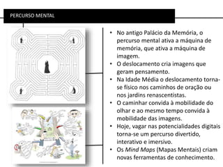 PERCURSO MENTAL
• No antigo Palácio da Memória, o
percurso mental ativa a máquina de
memória, que ativa a máquina de
imagem.
• O deslocamento cria imagens que
geram pensamento.
• Na Idade Média o deslocamento torna-
se físico nos caminhos de oração ou
nos jardins renascentistas.
• O caminhar convida à mobilidade do
olhar e ao mesmo tempo convida à
mobilidade das imagens.
• Hoje, vagar nas potencialidades digitais
torna-se um percurso divertido,
interativo e imersivo.
• Os Mind Maps (Mapas Mentais) criam
novas ferramentas de conhecimento.
 