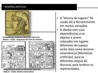 MEMÓRIA ARTIFICIAL
Congesttorium Artificiose Memoriae [Johannes
Robech – 1520]. Sistema menemonico
• A "técnica de lugares" foi
usada até o Renascimento
em muitas variações.
• A abadia com suas
dependências e os
objetos a serem
colocados em lugares
diferentes do espaço
serão úteis como âncoras
mnemônicas [Memórias
artificiais] para as
diferentes etapas do
discurso, para lembrar os
representados.
Congesttorium Artificiose Memoriae [Johannes
Robech – 1520] – Diagramas dos links de memória
 