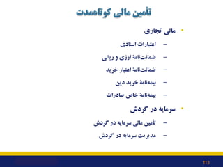 •
‫ﺗﺠﺎري‬ ‫ﻣﺎﻟﯽ‬
–
‫اﺳﻨﺎدي‬ ‫اﻋﺘﺒﺎرات‬
–
‫ﻧﺎﻣﮥ‬‫ﺿﻤﺎﻧﺖ‬
‫رﯾﺎﻟﯽ‬ ‫و‬ ‫ارزي‬
–
‫ﻧﺎﻣﮥ‬‫ﺿﻤﺎﻧﺖ‬
‫ﺧﺮﯾﺪ‬ ‫اﻋﺘﺒﺎر‬
–
‫ﻧﺎﻣﮥ‬‫ﺑﯿﻤﻪ‬
‫...