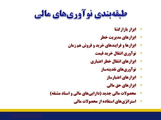 •
‫ﺑﺎزارﮔﺸﺎ‬ ‫اﺑﺰار‬
•
‫ﺧﻄﺮ‬ ‫ﻣﺪﯾﺮﯾﺖ‬ ‫اﺑﺰارﻫﺎي‬
•
‫زﻣﺎن‬ ‫ﻫﻢ‬ ‫ﻓﺮوش‬ ‫و‬ ‫ﺧﺮﯾﺪ‬ ‫ﻓﺮاﯾﻨﺪﻫﺎي‬ ‫و‬ ‫اﺑﺰارﻫﺎ‬
•
‫ﻧﻮآوري‬
‫ﻗﯿﻤ...