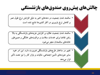 ‫ﭼﺎﻟﺶ‬
‫ﭘﯿﺶ‬ ‫ﻫﺎي‬
‫ﺻﻨﺪوق‬ ‫روي‬
‫ﺑﺎزﻧﺸﺴﺘﮕﯽ‬ ‫ﻫﺎي‬
•
‫دﻫﻪ‬ ‫در‬ ‫ﺟﻤﻌﯿﺖ‬ ‫ﺷﺪن‬ ‫ﺳﺎﻟﻤﻨﺪ‬
‫ﻋﻤﺮ‬ ‫ﻃﻮل‬ ‫ﻧﺮخ‬ ‫اﻓﺰاﯾﺶ‬ ‫دﻟﯿﻞ‬ ‫...