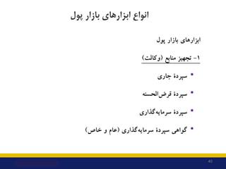 40
‫ﭘﻮل‬ ‫ﺑﺎزار‬ ‫اﺑﺰارﻫﺎي‬ ‫اﻧﻮاع‬
‫اﺑﺰارﻫﺎي‬
‫ﺑﺎزار‬
‫ﭘﻮل‬
1
-
‫ﺗﺠﻬﯿﺰ‬
‫ﻣﻨﺎﺑﻊ‬
)
‫وﮐﺎﻟﺖ‬
(
•
‫ﺳﭙﺮدة‬
‫ﺟﺎري‬
•
‫ﺳﭙﺮدة‬
‫ا...