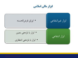 •
‫اﻟﺤﺴﻨﻪ‬‫ﻗﺮض‬ ‫اوراق‬ ‫ﻏﯿﺮاﻧﺘﻔﺎﻋﯽ‬ ‫اﺑﺰار‬
•
‫ﻣﻌﯿﻦ‬ ‫ﺑﺎزدﻫﯽ‬ ‫ﺑﺎ‬ ‫اﺑﺰار‬
•
‫اﻧﺘﻈﺎري‬ ‫ﺑﺎزدﻫﯽ‬ ‫ﺑﺎ‬ ‫اﺑﺰار‬
‫اﻧﺘﻔﺎﻋﯽ‬ ‫ا...