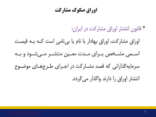 •
‫اﯾﺮان‬ ‫در‬ ‫ﻣﺸﺎرﮐﺖ‬ ‫اوراق‬ ‫اﻧﺘﺸﺎر‬ ‫ﻗﺎﻧﻮن‬
:
‫ﻗﯿﻤـﺖ‬ ‫ﺑـﻪ‬ ‫ﮐـﻪ‬ ‫اﺳﺖ‬ ‫ﻧﺎﻣﻰ‬‫ﺑﯽ‬ ‫ﯾﺎ‬ ‫ﻧﺎم‬ ‫ﺑﺎ‬ ‫ﺑﻬﺎدار‬ ‫اوراق‬ ،...