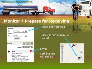 Monitor / Prepare for Receiving เลือก  Site  ที่ประจำอยู่ ตำแหน่ง  Site  จะแสดงบนแผนที่ สถานะ อยู่ที่  Site  แล้ว หรือ กำลังเข้า http://www.abzolutetech.com 