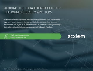 15 | Connected and Self-Driving Cars Spark Industry Convergence © 2018 Acxiom Corporation.15 | The Age of the Omnichannel Integrator © 2017 Acxiom Corporation.
ACXIOM: THE DATA FOUNDATION FOR
THE WORLD’S BEST MARKETERS
Acxiom enables people-based marketing everywhere through a simple, open
approach to connecting systems and data that drives seamless customer
experiences and higher ROI. We believe data is the key to creating meaningful
interactions at scale between consumers and the brands they love.
© 2018 Acxiom Corporation. All rights reserved. Acxiom is a registered trademark of Acxiom Corporation.
VISIT: https://www.acxiom.com
EMAIL: info@acxiom.com
 