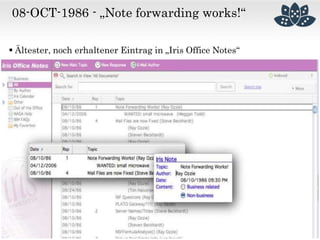 08-OCT-1986 - „Note forwarding works!“
 Ältester, noch erhaltener Eintrag in „Iris Office Notes“
 