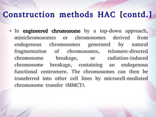 Construction methods HAC [contd.]
● In engineered chromosomeengineered chromosome by a top-down approach,
minichromosomes or chromosomes derived from
endogenous chromosomes generated by natural
fragmentation of chromosomes, telomere-directed
chromosome breakage, or radiation-induced
chromosome breakage, containing an endogenous
functional centromere. The chromosomes can then be
transferred into other cell lines by microcell-mediated
chromosome transfer (MMCT).
 