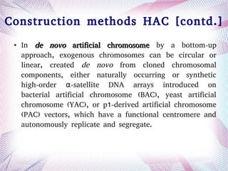 Construction methods HAC [contd.]
● In de novode novo artificial chromosomeartificial chromosome by a bottom-up
approach, exogenous chromosomes can be circular or
linear, created de novo from cloned chromosomal
components, either naturally occurring or synthetic
high-order -satellite DNA arrays introduced onα
bacterial artificial chromosome (BAC), yeast artificial
chromosome (YAC), or p1-derived artificial chromosome
(PAC) vectors, which have a functional centromere and
autonomously replicate and segregate.
 