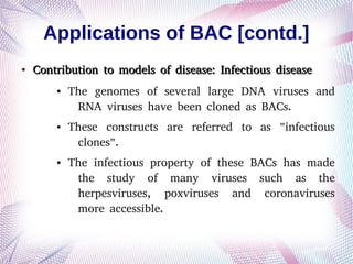 Applications of BAC [contd.]
●
Contribution to models of disease: Infectious diseaseContribution to models of disease: Infectious disease
● The genomes of several large DNA viruses and
RNA viruses have been cloned as BACs.
● These constructs are referred to as "infectious
clones".
● The infectious property of these BACs has made
the study of many viruses such as the
herpesviruses, poxviruses and coronaviruses
more accessible.
 