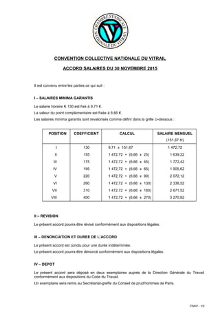 CSNV - 1/2
CONVENTION COLLECTIVE NATIONALE DU VITRAIL
ACCORD SALAIRES DU 30 NOVEMBRE 2015
Il est convenu entre les parties...