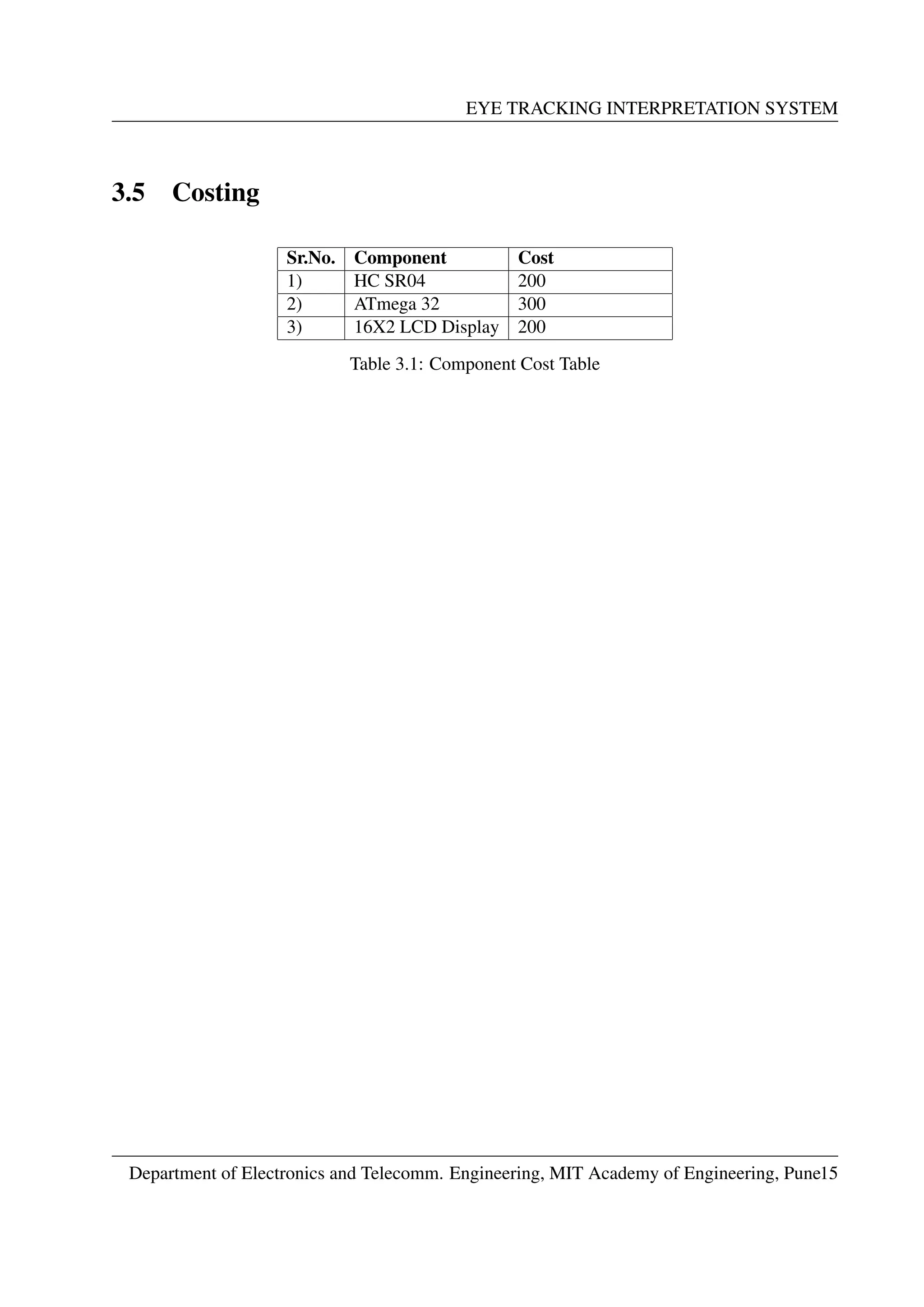 EYE TRACKING INTERPRETATION SYSTEM
3.5 Costing
Sr.No. Component Cost
1) HC SR04 200
2) ATmega 32 300
3) 16X2 LCD Display 200
Table 3.1: Component Cost Table
Department of Electronics and Telecomm. Engineering, MIT Academy of Engineering, Pune15
 