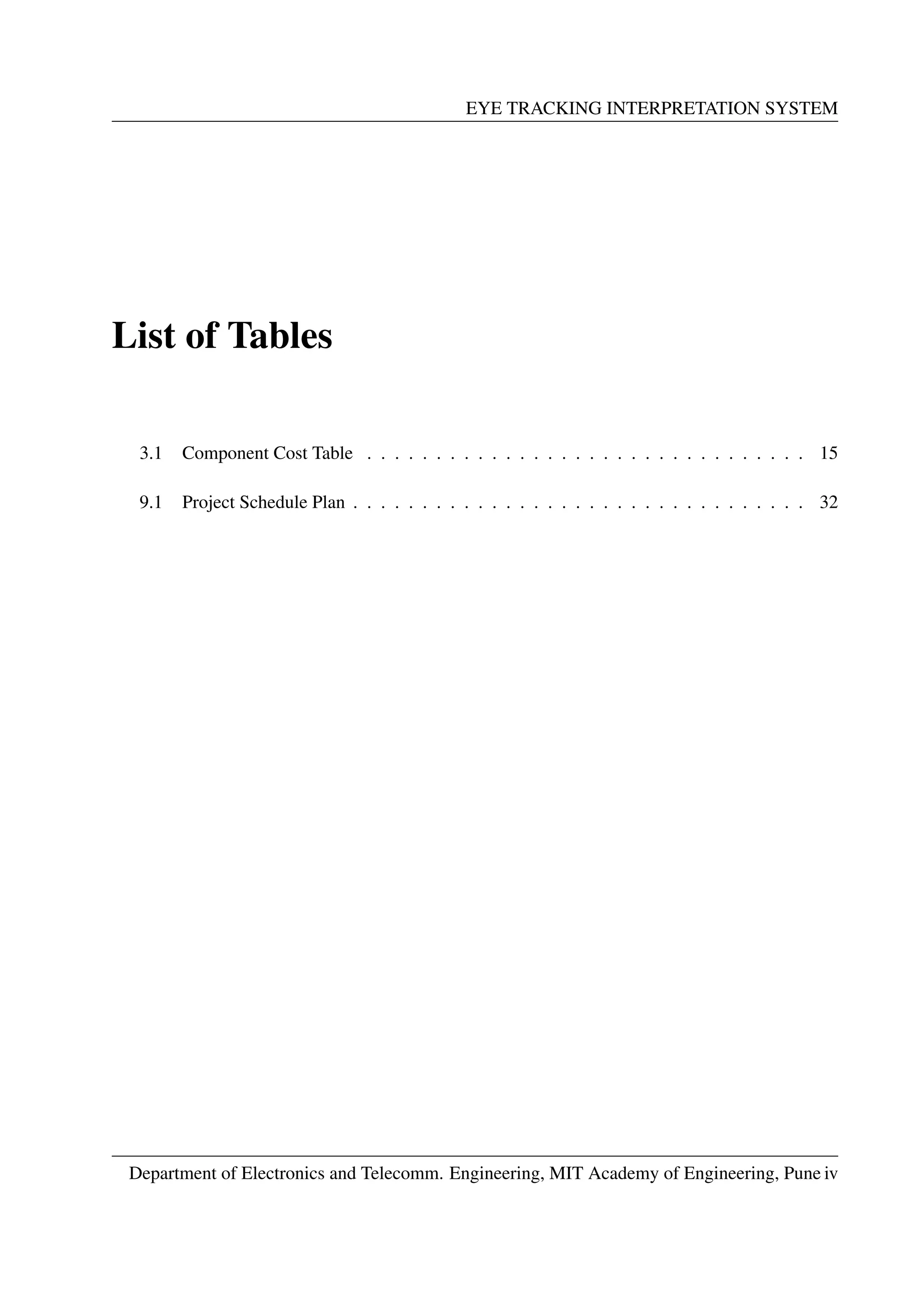 EYE TRACKING INTERPRETATION SYSTEM
List of Tables
3.1 Component Cost Table . . . . . . . . . . . . . . . . . . . . . . . . . . . . . . . . 15
9.1 Project Schedule Plan . . . . . . . . . . . . . . . . . . . . . . . . . . . . . . . . . 32
Department of Electronics and Telecomm. Engineering, MIT Academy of Engineering, Pune iv
 