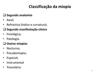 Classificação da miopia
 Segundo anatomia
• Axial;
• Refractiva (índice e curvatura).
 Segundo manifestação clínica
• Fisiológica;
• Patologia.
 Outras miopias
• Nocturna;
• Pseudomiopia;
• Espacial;
• Instrumental
• Transitória
15
 
