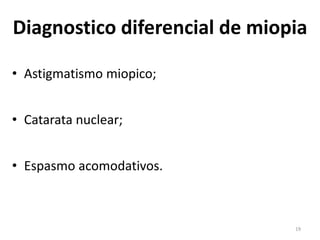 Diagnostico diferencial de miopia
• Astigmatismo miopico;
• Catarata nuclear;
• Espasmo acomodativos.
19
 