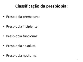 Classificação da presbiopia:
• Presbiopia prematura;
• Presbiopia incipiente;
• Presbiopia funcional;
• Presbiopia absoluta;
• Presbiopia nocturna.
29
 