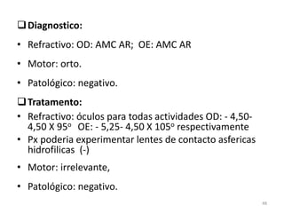 Diagnostico:
• Refractivo: OD: AMC AR; OE: AMC AR
• Motor: orto.
• Patológico: negativo.
Tratamento:
• Refractivo: óculos para todas actividades OD: - 4,50-
4,50 X 95o OE: - 5,25- 4,50 X 105o respectivamente
• Px poderia experimentar lentes de contacto asfericas
hidrofilicas (-)
• Motor: irrelevante,
• Patológico: negativo.
48
 
