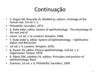 Continuação
• 5. Hogan MJ, Alvarado JA, Weddell je, editors. Histology of the
human eye. 1st ed. v. 1.
• Philadelfia: Saunders, 1971.
• 6. Duke-elder, editor. System of ophthalmology - The physiology of
the eye and of
• vision. 1st ed. v. IV. Londres: Kimpton, 1968.
• 7. Duke-elder S, editor. System of Ophthalmology. – Ophthalmic
Optics and Refraction
• 1st ed. v. V. Londres: Kimpton, 1970.
• 8. Duane TD, editor. Clinical ophthalmology. 2nd ed. v. 2.
Hagerstown: Harper, 1978.
• 9. Albert DM, Jakobiec FA, editors. Principles and practice of
ophthalmology: Basic
• Sciences. 1st ed. v. 6. Philadelfia: Saunders, 1994.
51
 