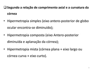 Segundo a relação de comprimento axial e a curvatura da
córnea
• Hipermetropia simples (eixo antero-posterior de globo
ocular encontra-se diminuído);
• Hipermetropia composta (eixo Antero-posterior
diminuída e aplanação da córnea);
• Hipermetropia mista (córnea plana + eixo largo ou
córnea curva + eixo curto).
9
 