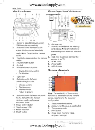 www.actoolsupply.com
EN-US English

View from the rear                            Connecting external devices and
                                            storage media




1.  Sensor to adjust the touch-screen
                                             1. Memory card
   LCD intensity automatically
                                             2. Indicator showing that the memory
2. Button to switch between touch-
                                                card is busy. Note: Do not remove
   screen LCD mode and viewfinder
                                                the memory card when this indicator
      mode. Note: Dependent on camera
                                                glows
      model.
                                             3. USB mini-B cable (to connect the
3.    Viewfinder (dependent on the camera
                                                camera to a PC)
      model)
                                             4. HDMI cable
4.    Programmable button
                                             5. Power cable
5.    Joystick
                                             6. USB-A cable
6.    Button with two functions:
      •   Display the menu system            Screen elements
      •   Back button
7.     Stylus pen
8.     Button to switch between
      different image modes:
      •   Infrared camera
      •   Digital camera
      •   Thermal fusion
      •   Picture-in-picture
                                             Note: The availability of features and
9.     Button to switch between automatic    functions is dependent on the camera
      mode, manual mode, manual              series model and/or the customer
      minimum mode, and manual               configuration.
      maximum mode
                                             1.   Measurement result table
10.   Image archive button
                                             2.   Measurement tools (e.g., spotmeter)
11.   Touch-screen LCD
                                             3.   Temperature scale
12.   Power indicator
                                             4.   Back button.
13.   On/off button
                                             5.   Setup mode (camera, video,
                                                  program, settings)


24                                                    © 2011, FLIR Systems, Inc. All rights reserved worldwide.


                       www.actoolsupply.com
                                                                                 Publ. no. T559525, rev. 010
 