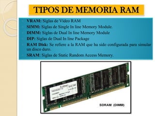 TIPOS DE MEMORIA RAM
 VRAM: Siglas de Vídeo RAM
 SIMM: Siglas de Single In line Memory Module.
 DIMM: Siglas de Dual In line Memory Module
 DIP: Siglas de Dual In line Package
 RAM Disk: Se refiere a la RAM que ha sido configurada para simular
un disco duro.
 SRAM: Siglas de Static Random Access Memory.
 