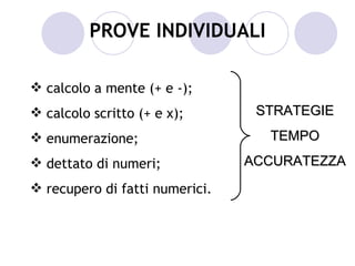 PROVE INDIVIDUALI

 calcolo a mente (+ e -);
 calcolo scritto (+ e x);       STRATEGIE
 enumerazione;                   TEMPO
 dettato di numeri;            ACCURATEZZA
 recupero di fatti numerici.
 