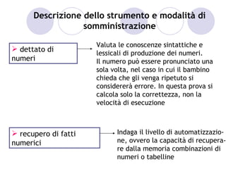 Descrizione dello strumento e modalità di
                  somministrazione

                      Valuta le conoscenze sintattiche e
 dettato di
                      lessicali di produzione dei numeri.
numeri                Il numero può essere pronunciato una
                      sola volta, nel caso in cui il bambino
                      chieda che gli venga ripetuto si
                      considererà errore. In questa prova si
                      calcola solo la correttezza, non la
                      velocità di esecuzione



 recupero di fatti         Indaga il livello di automatizzazio-
numerici                    ne, ovvero la capacità di recupera-
                            re dalla memoria combinazioni di
                            numeri o tabelline
 