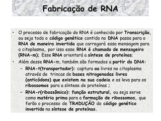 Fabricação de RNA O processo de fabricação do RNA é conhecido por  Transcrição,  ou seja todo o  código genético  contido no  DNA  passa para o  RNA de maneira invertida  que carregará   essa mensagem para o citoplasma ,  por isso esse  RNA é chamado de mensageiro (RNA-m);  Esse  RNA  orientará a  síntese de proteínas ; Além desse  RNA- m, também são formados a  partir do DNA: RNA-t(transportador):  captura  aa  livres no citoplasma através de  trincas de  bases nitrogenadas livres (anticódons) que existem na sua cadeia  e os leva para os  ribossomos  para a síntese de proteínas  ;  RNA-r(ribossômico): função estrutural,  ou seja serve como  matéria prima  para a  formação de ribossomos,  que farão o processo   de  TRADUÇÃO  do  código genético invertido  na  síntese de proteínas. 