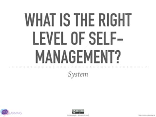 Co-Learning.be - @JurgenLACoach
WHAT IS THE RIGHT
LEVEL OF SELF-
MANAGEMENT?
System
http://www.co-learning.be
 
