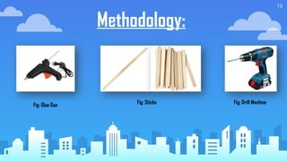 13
Methodology:
Fig: Glue Gun Fig: Sticks Fig: Drill Machine
 