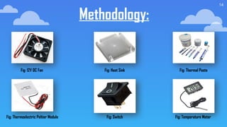 14
Methodology:
Fig: 12V DC Fan Fig: Heat Sink Fig: Thermal Paste
Fig: Thermoelectric Peltier Module Fig: Switch Fig: Temperature Meter
 