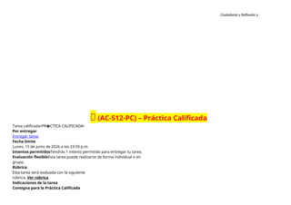 Ciudadanía y Reflexión y
Ética
🔴 (AC-S12-PC) – Práctica Calificada
Tarea calificada•PR�CTICA CALIFICADA•
Por entregar
Entregar tarea
Fecha límite
Lunes, 15 de junio de 2026 a las 23:59 p.m.
Intentos permitidosTendrás 1 intento permitido para entregar tu tarea.
Evaluación flexibleEsta tarea puede realizarse de forma individual o en
grupo.
Rúbrica
Esta tarea será evaluada con la siguiente
rúbrica. Ver rúbrica
Indicaciones de la tarea
Consigna para la Práctica Calificada
 