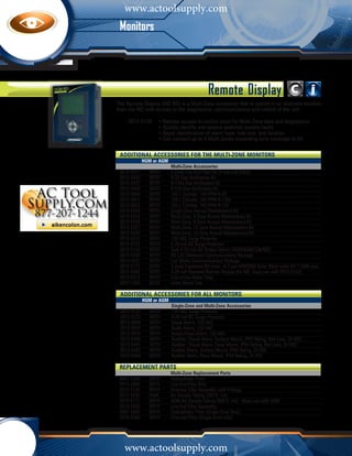 www.actoolsupply.com
 Monitors



                                             Remote Display
The Remote Display (MZ-RD) is a Multi-Zone accessory that is placed in an alternate location
from the MZ with access to the diagnostics, communications and control of the unit.

		 3015-5138	 • Remote access to control room for Multi-Zone data and diagnostics
				               • Quickly identify and resolve potential system faults
				               • Rapid identification of alarm type, leak size, and location
				               • Can connect up to 4 Multi-Zones expanding zone coverage to 64

 Additional Accessories for the Multi-Zone Monitors		
            HGM or AGM		
 		                    Multi-Zone Accessories
 3015-3411	   BOTH	    4 Zone Line End Filter Kit (4 line end filters)
 3015-3430	   BOTH	    R-22 Gas Verification Kit
 3015-3437	   BOTH	    R-134a Gas Verification Kit
 3015-3438	   BOTH	    R-123 Gas Verification Kit
 3015-3850	   BOTH	    103 L Cylinder, 100 PPM R-22
 3015-3851	   BOTH	    103 L Cylinder, 100 PPM R-134a
 3015-3852	   BOTH	    103 L Cylinder, 100 PPM R-123
 3015-5529	   BOTH	    Single-Zone Annual Maintenance Kit
 3015-5525	   BOTH	    Multi-Zone, 4 Zone Annual Maintenance Kit
 3015-5526	   BOTH	    Multi-Zone, 8 Zone Annual Maintenance Kit
 3015-5527	   BOTH	    Multi-Zone, 12 Zone Annual Maintenance Kit
 3015-5528	   BOTH	    Multi-Zone, 16 Zone Annual Maintenance Kit
 3015-4121	   BOTH	    120 VAC Surge Protector
 3015-4123	   BOTH	    4-20 mA DC Surge Protector
 3015-5152	   BOTH	    Dual 4-20 mA DC Output Option (HGM/AGM/CO2-MZ)
 3015-4230	   BOTH	    N2 (JCI Metasys) Communications Package
 3015-4231	   BOTH	    Lon Works Communications Package
 3015-5171	   BOTH	    4 Zone Expansion Kit (max. of 3 per HGM300) Note: Must order M1110BN also.
 3015-4992	   BOTH	    4-20 mA Powered Remote Display (for MZ, must use with 3015-5152)
 3015-5512	   BOTH	    End-of-line Water Stop
 0007-1655	   BOTH	    Inline Water Trap

 Additional Accessories for ALL Monitors		
            HGM or AGM		
 		                    Single-Zone and Multi-Zone Accessories
 3015-4121	   BOTH	    120 VAC Surge Protector
 3015-4123	   BOTH	    4-20 mA DC Surge Protector
 3015-3069	   BOTH	    Visual Alarm, 120 VAC
 3015-3070	   BOTH	    Audio Alarm, 120 VAC
 3015-3076	   BOTH	    Audio-Visual Alarm, 120 VAC
 3015-5490	   BOTH	    Audible / Visual Alarm, Surface Mount, IP65 Rating, Red Lens, 24 VDC
 3015-5491	   BOTH	    Audible / Visual Alarm, Panel Mount, IP54 Rating, Red Lens, 24 VDC
 3015-5492	   BOTH	    Audible Alarm, Surface Mount, IP65 Rating, 24 VDC
 3015-5493	   BOTH	    Audible Alarm, Panel Mount, IP54 Rating, 24 VDC

 Replacement Parts
 		                       Multi-Zone Replacement Parts
 0007-1650	 BOTH	         Hydrophobic Filter
 3015-2906	 BOTH	         Line End Filter Only
 3015-3125	 BOTH	         Charcoal Filter Assembly with Fittings
 3015-3235	 HGM	          Air Sample Tubing (250 ft. roll)
 3015-5111	 BOTH	         AGM Air Sample Tubing (500 ft. roll) - Must use with AGM
 3015-3420	 BOTH	         Line End FIlter Assembly
 0007-1650	 BOTH	         Hydrophobic Filter (Single-Zone Only)
 3015-4306	 BOTH	         Charcoal Filter (Single-Zone only)




   www.actoolsupply.com
 