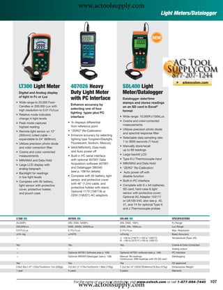www.actoolsupply.com
                                                                                                                          Light Meters/Datalogger



                                                                                                                  NEW




    LT300 Light Meter                          407026 Heavy                              SDL400 Light
    Digital and Analog display                 Duty Light Meter                          Meter/Datalogger
    of light in Fc or Lux
                                               with PC Interface                         Datalogger date/time
• Wide range to 20,000 Foot-                                                             stamps and stores readings
                                               Enhance accuracy by
  Candles or 200,000 Lux with                                                            on an SD card in Excel®
  high resolution to 0.01 Fc/Lux               selecting one of four
                                                                                         format
                                               lighting types plus PC
• Relative mode indicates
                                               interface                             • Wide range: 10,000Fc/100kLux
  change in light levels
                                           • % displays differential                 • Cosine and color-corrected
• Peak mode captures
                                             from reference point                      measurements
  highest reading
                                           • “ZERO” Re-Calibration                   • Utilizes precision photo diode
• Remote light sensor on 12"
                                                                                       and spectral response ﬁlter
  (305mm) coiled cable —                   • Enhance accuracy by selecting
  expandable to 24" (609mm)                  lighting type Tungsten/Daylight,        • Selectable data sampling rate:
                                             Fluorescent, Sodium, Mercury              1 to 3600 seconds (1 hour)
• Utilizes precision photo diode
  and color correction ﬁlter               • MAX/MIN/AVG, Data Hold,                 • Manually store/recall
                                             and Auto power off                        up to 99 readings
• Cosine and color corrected
  measurements                             • Built-in PC serial interface            • Large backlit LCD

• MIN/MAX and Data Hold                      with optional 407001 Data               • Type K/J Thermocouple input

• Large LCD display with                     Acquisition software 407001             • MIN/MAX and Data Hold
  analog bargraph                            and Datalogger 380340                   • “ZERO” Re-Calibration
                                             (see p. 106 for details)                • Auto power off with
• Backlight for readings
  in low light levels                      • Complete with 9V battery, light           disable function
                                             sensor, and protective cover            • Built-in PC interface
• Complete with 9V battery,
                                             with 46" (1.2m) cable, and
  light sensor with protective                                                       • Complete with 6 x AA batteries,
                                             protective holster with stand.
  cover, protective holster,                                                           SD card, hard case & light
                                             Optional 117V (156119) or
  and pouch case                                                                       sensor with protective cover;
                                             220V (156221) AC adaptors.
                                                                                       Optional AC Adaptor 153117
                                                                                       or UA100-240, also see p. 40,
                                                                                       41, and 74 for optional Type K
                                                                                       and J Thermocouple probes


LT300 ං                                    407026 ං                                  SDL400 ං                                   SPECIFICATIONS
20,000Fc                                   200, 2000, 5000Fc                         200, 2000, 10kFc                           Fc Range
200,000Lux                                 2000, 20000, 50000Lux                     2000, 20k, 100kLux                         Lux Range
0.01Fc/Lux                                 0.1Fc/1Lux                                0.1Fc/1Lux                                 Max. Resolution
±5% rdg                                    ±4%FS                                     ±4%rdg                                     Basic Accuracy
—                                          —                                         J: -148 to 2192°F (-100 to 1200°C)         Temperature (Type J/K)
                                                                                     K: -148 to 2372°F (-100 to 1300°C)
Yes                                        Yes                                       Yes                                        Cosine & Color Corrected
—                                          —                                         —                                          Analog output
—                                          Optional 407001 Software (see p. 106)     Optional 407001 software (see p. 106)      PC Interface
—                                          Optional 380340 Datalogger (see p. 106)   Manual: 99 readings                        Datalogging
                                                                                     Continuous: 20M readings with 2G SD card
Yes                                        Yes                                       Yes                                        CE approved
5.9x2.95x1.57" (150x75x40mm/ 7oz (200g))   7x2.9x1.3" (178x74x33mm)/ 1.6lbs (726g)   7.2x2.9x1.9" (182X73X48mm)/16.8oz (475g)   Dimensions/ Weight
1 year                                     3 years                                   3 years                                    Warranty




                                                     www.actoolsupply.com
                                                 For the name of your local distributor, visit www.extech.com or call 1-877-894-7440                       107
 