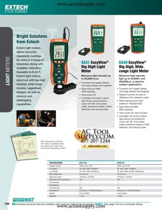 www.actoolsupply.com



                   Bright Solutions
                   from Extech
                  Extech light meters
                  deliver accurate,
                  repeatable readings
LIGHT METERS




                  for users in a range of
                  industries. Along with                                          EA31 EasyView®                       EA30 EasyView®
                  available calibration                                           Big Digit Light                      Big Digit, Wide
                  traceable to N.I.S.T.,                                          Meter                                range Light Meter
                  Extech light meters                                             Measures light intensity up          Measures high intensity
                                                                                  to 20,000Fc/Lux                      light up to 40,000Fc and
                  stand out with big-digit
                                                                              • Compact and rugged design
                                                                                                                       400,000Lux, is ideal for
                  displays, wide-range                                          with large display and bargraph        outdoor applications
                  models, ruggedized                                          • Data Hold and MIN/                 • Compact and rugged design
                  designs, as well as                                           MAX readings                         with large display and bargraph
                                                                              • Auto power off                     • Relative function for zero or
                  memory and                                                                                         difference from reference value
                                                                              • Complete with built-in stand,
                  datalogging                                                   light sensor and protective        • Peak captures short light
                  capabilities.                                                 cover with 39" (1m) coiled           pulses to 100μSeconds
                                                                                cable, protective holster, 6 AAA   • Data Hold and MIN/
                                                                                batteries, and carrying case         MAX readings
                                                                                                                   • Auto power off, Zero function
                                                                                                                   • Complete with built-in stand,
                                                                                                                     light sensor and protective
                                                                                                                     cover with 39" (1m) coiled
                                                                                                                     cable, protective holster, 6 AAA
                                                                                                                     batteries, and carrying case




                                         NIST traceable certiﬁcate
                                         with data is available when
                                         you order your meter with
                                         Certiﬁcate Traceable to NIST.




                                                   SPECIFICATIONS             EA31 ං                               EA30 ං
                                                   Display counts             2000 count LCD                       4000 count LCD
                                                   Fc Range                   20, 200, 2000, 20,000Fc              40, 400, 4000, 40,000Fc
                                                   Lux Range                  20, 200, 2000, 20,000Lux             40, 400, 4000, 40,000, 400,000Lux
                                                   Max. Resolution            0.01Fc/Lux                           0.01Fc/Lux
                                                   Basic Accuracy             ±3%rdg + 0.5%FS                      ±3%rdg + 0.5%FS
                                                   Cosine & Color Corrected   Yes                                  Yes
                                                   PC Interface               —                                    —
                                                   Datalogging                —                                    —
                                                   CE approved                Yes                                  Yes
                                                   Dimensions                 5.9x2.8x1.4" (150x72x33mm)           5.9x2.8x1.4" (150x72x33mm)
                                                   Weight                     8.3oz (235g)                         8.3oz (235g)
                                                   Warranty                   1 year                               1 year



108
                                                              www.actoolsupply.com
               ං Indicates products that are available with optional calibration traceable to NIST. See page 144 for a complete listing.
 