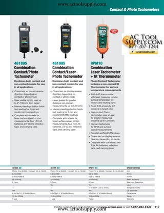 www.actoolsupply.com
                                                                                                                          Contact & Photo Tachometers




    461895                                        461995                                       RPM10
    Combination                                   Combination                                  Combination
    Contact/Photo                                 Contact/Laser                                Laser Tachometer
    Tachometer                                    Photo Tachometer                             + IR Thermometer
    Combines both contact and                     Combines both contact and                    Photo/Contact Tachometer
    non-contact models for use                    non-contact models for use                   includes a non-contact IR
    in all applications                           in all applications                          Thermometer for surface
• Characters on display reverse               • Characters on display reverse
                                                                                               temperature measurements
  direction depending on                        direction depending on                       • Built-in IR thermometer
  contact or photo mode                         contact or photo mode                          with laser measures remote
• Uses visible light to read up               • Laser guided for greater                       surface temperature on
  to 6" (150mm) from target                     distance non-contact                           motors and rotating parts
• Memory/readings button holds                  measurements up to 6.5ft (2m)                • Fixed 0.95 emissivity, 6:1
  last reading for 5 min and                  • Memory/readings button holds                   distance to target ratio
  recalls min/max readings                      last reading for 5 min and                   • Non-contact Photo
• Complete with wheels for                      recalls MAX/MIN readings                       tachometer uses a Laser
  linear surface speed or rpm                 • Complete with wheels for                       for greater measuring
  measurements, four 1.5V AA                    linear surface speed or rpm                    distance up to 6.5ft (2m)
  batteries, 23" (0.6m) reﬂective               measurements, four 1.5V AA                   • Contact tachometer
  tape, and carrying case                       batteries, 23" (0.6m) reﬂective                for RPM and surface
                                                tape, and carrying case                        speed measurements
                                                                                             • Recalls Last/MAX/MIN values
                                                                                             • Characters on display reverse
                                                                                               direction depending on mode
                                                                                             • Complete with tips/wheel, four
                                                                                               1.5V AA batteries, reﬂective
                                                                                               tape, and carrying case




461895 ං                                      461995 ං                                       RPM10 ං                                        SPECIFICATIONS
Photo: 5 to 99,999 / Contact: 0.5 to 19,999   Photo: 10 to 99,999 / Contact: 0.5 to 19,999   Photo: 10 to 99,999 / Contact: 0.5 to 20,000   rpm
0.2 to 6560                                   0.2 to 6560                                    0.2 to 6560                                    ft/min
0.05 to 1999.9                                0.05 to 1999.9                                 0.05 to 1999.9                                 m/min
±0.05%rdg                                     ±0.05%rdg                                      ±0.05%rdg                                      Basic Accuracy
0.1rpm                                        0.1rpm                                         0.1rpm                                         Max. rpm Resolution
—                                             Yes                                            Yes                                            Laser
—                                             —                                              -4 to 600°F (-20 to 315°C)                     Temperature (IR)
Yes                                           Yes                                            Yes                                            CE approved
8.5x2.6x1.5" (216x66x38mm)                    8.5x2.6x1.5" (216x66x38mm)                     8.5x2.6x1.5" (216x66x38mm)                     Dimensions
10.6oz (300g)                                 10.6oz (300g)                                  10.6oz (300g)                                  Weight
1 year                                        1 year                                         1 year                                         Warranty




                                                       www.actoolsupply.com
                                                    For the name of your local distributor, visit www.extech.com or call 1-877-894-7440                           117
 