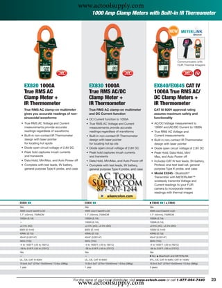 www.actoolsupply.com
                                                            1000 Amp Clamp Meters with Built-in IR Thermometer


                                                                                                                   NEW




                                                                                                                           Communicates with
                                                                                                                           FLIR Thermal Imagers




      EX820 1000A                                        EX830 1000A                                 EX840/EX845 CAT IV
      True RMS AC                                        True RMS AC/DC                              1000A True RMS AC/
      Clamp Meter +                                      Clamp Meter +                               DC Clamp Meters +
      IR Thermometer                                     IR Thermometer                              IR Thermometer
      True RMS AC clamp-on multimeter                    True RMS AC clamp-on multimeter             CAT IV 600V approval rating
      gives you accurate readings of non-                and DC Current function                     assures maximum safety and
      sinusoidal waveforms                          • DC Current function to 1000A
                                                                                                     functionality
 • True RMS AC Voltage and Current                  • True RMS AC Voltage and Current           • AC/DC Voltage measurement to
   measurements provide accurate                      measurements provide accurate               1000V and AC/DC Current to 1000A
   readings regardless of waveforms                   readings regardless of waveforms          • True RMS AC Voltage and
 • Built-in non-contact IR Thermometer              • Built-in non-contact IR Thermometer         Current measurements
   design with laser pointer                          design with laser pointer                 • Built-in non-contact IR Thermometer
   for locating hot spots                             for locating hot sp ots                     design with laser pointer
 • Diode open circuit voltage of 2.8V DC            • Diode open circuit voltage of 2.8V DC     • Diode open circuit voltage of 2.8V DC
 • Peak hold captures inrush currents               • Peak hold captures inrush currents        • Peak Hold, Data Hold, Min/
   and transients                                     and transients                              Max, and Auto Power off
 • Data Hold, Min/Max, and Auto Power off           • Data Hold, Min/Max, and Auto Power off    • Includes CAT IV test leads, 9V battery,
 • Complete with test leads, 9V battery,            • Complete with test leads, 9V battery,       Professi onal test lead set, general
   general purpose Type K probe, and case             general purpose Type K probe, and case      purpose Type K probe, and case
                                                                                                • Model EX845 - Bluetooth®
                                                                                                  Transmitter with METERLiNK™
                                                                                                  wirelessly transmits Voltage and
                                                                                                  Current readings to your FLIR
                                                                                                  camera to incorporate meter
                                                                                                  readings with thermal images


EX820 ං                                            EX830 ං                                     Ⅲ EX840 ං |     ᮡ   EX845
Yes                                                Yes                                         Yes
4000 count backlit LCD                             4000 count backlit LCD                      4000 count backlit LCD
1.7" (43mm); 750MCM                                1.7" (43mm); 750MCM                         1.7" (43mm); 750MCM
1000A (0.1A)                                       1000A (0.1A)                                1000A (0.1A)
—                                                  1000A (0.1A)                                1000A (0.1A)
±2.5% (AC)                                         ±2.5% (AC); ±2.5% (DC)                      ±2.5% (AC); ±2.5% (DC)
600V (0.1mV)                                       600V (0.1mV)                                1000V (0.1mV)
40MΩ (0.1Ω)                                        40MΩ (0.1Ω)                                 40MΩ (0.1Ω)
40mF (0.001nF)                                     40mF (0.001nF)                              40mF (0.001nF)
4kHz (1Hz)                                         4kHz (1Hz)                                  4kHz (1Hz)
-4 to 1400°F (-20 to 760°C)                        -4 to 1400°F (-20 to 760°C)                 -4 to 1400°F (-20 to 760°C)
-58 to 518°F (-50 to 270°C)                        -58 to 518°F (-50 to 270°C)                 -58 to 518°F (-50 to 270°C)
Yes                                                Yes                                         Yes
—                                                  —                                           Ⅲ No | ᮡ BlueTooth and METERLiNK
UL, CE, CAT III-600V                               UL, CE, CAT III-600V                        ETL, CE, CAT IV-600V; CAT III-1000V
10.6x4.3x2" (270x110x50mm)/ 13.6oz (386g)          10.6x4.3x2" (270x110x50mm)/ 13.6oz (386g)   10.6x4.3x2" (270x110x50mm)/ 13.6oz (386g)
1 year                                             1 year                                      3 years




                                              www.actoolsupply.com
                                            For the name of your local distributor, visit www.extech.com or call 1-877-894-7440                   23
 