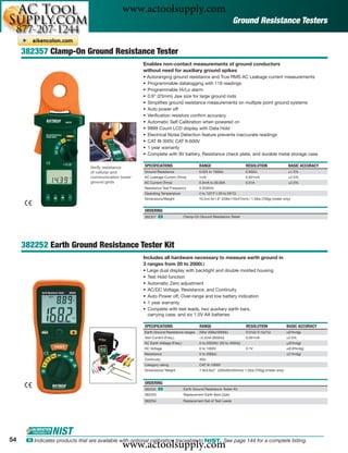 www.actoolsupply.com
                                                                                                                   Ground Resistance Testers


     382357 Clamp-On Ground Resistance Tester
                                                        Enables non-contact measurements of ground conductors
                                                        without need for auxiliary ground spikes
                                                        • Autoranging ground resistance and True RMS AC Leakage current measurements
                                                        • Programmable datalogging with 116 readings
                                                        • Programmable Hi/Lo alarm
                                                        • 0.9" (23mm) Jaw size for large ground rods
                                                        • Simpliﬁes ground resistance measurements on multiple point ground systems
                                                        • Auto power off
                                                        • Veriﬁcation resistors conﬁrm accuracy
                                                        • Automatic Self Calibration when powered on
                                                        • 9999 Count LCD display with Data Hold
                                                        • Electrical Noise Detection feature prevents inaccurate readings
                                                        • CAT III-300V, CAT II-600V
                                                        • 1 year warranty
                                                        • Complete with 9V battery, Resistance check plate, and durable metal storage case

                                 Verify resistance       SPECIFICATIONS                     RANGE                        RESOLUTION                  BASIC ACCURACY
                                 of cellular and        Ground Resistance                   0.025 to 1500Ω               0.002Ω                      ±1.5%
                                 communication tower    AC Leakage Current (Trms)           1mA                          0.001mA                     ±2.5%
                                 ground grids           AC Current (Trms)                   0.3mA to 30.00A              0.01A                       ±2.0%
                                                         Resistance Test Frequency          3.333kHz
                                                         Operating Temperature              4 to 122°F (-20 to 50°C)
                                                         Dimensions/Weight                  10.2x4.4x1.9" (258x110x47mm) / 1.5lbs (700g) (meter only)


                                                         ORDERING
                                                        382357 ං                   Clamp-On Ground Resistance Tester




     382252 Earth Ground Resistance Tester Kit
                                                        Includes all hardware necessary to measure earth ground in
                                                        3 ranges from 20 to 2000Ω
                                                        • Large dual display with backlight and double molded housing
                                                        • Test Hold function
                                                        • Automatic Zero adjustment
                                                        • AC/DC Voltage, Resistance, and Continuity
                                                        • Auto Power off, Over-range and low battery indication
                                                        • 1 year warranty
                                                        • Complete with test leads, two auxiliary earth bars,
                                                          carrying case, and six 1.5V AA batteries

                                                         SPECIFICATIONS                      RANGE                       RESOLUTION                 BASIC ACCURACY
                                                        Earth Ground Resistance ranges       20Ω/ 200Ω/2000Ω             0.01Ω/ 0.1Ω/1Ω             ±(2%rdg)
                                                        Test Current (Freq.)                 <2.5mA (820Hz)              0.001mA                    ±2.5%
                                                        AC Earth Voltage (Freq.)             0 to 200VAC (50 to 400Hz)                              ±(3%rdg)
                                                        DC Voltage                           0 to 1000V                  0.1V                       ±(0.8%rdg)
                                                        Resistance                           0 to 200kΩ                                             ±(1%rdg)
                                                        Continuity                           40Ω
                                                        Category rating                      CAT III-1000V
                                                        Dimensions/ Weight                   7.9x3.6x2" (200x92x50mm)/ 1.5lbs (700g) (meter only)


                                                         ORDERING
                                                        382252 ං                   Earth Ground Resistance Tester Kit
                                                        382253                     Replacement Earth Bars (2pk)
                                                        382254                     Replacement Set of Test Leads




54
                                               www.actoolsupply.com
      ං Indicates products that are available with optional calibration traceable to NIST. See page 144 for a complete listing.
 