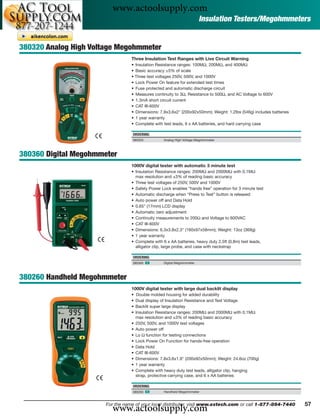 www.actoolsupply.com
                                                                         Insulation Testers/Megohmmeters


380320 Analog High Voltage Megohmmeter
                                  Three Insulation Test Ranges with Live Circuit Warning
                                  • Insulation Resistance ranges: 100MΩ, 200MΩ, and 400MΩ
                                  • Basic accuracy ±5% of scale
                                  • Three test voltages 250V, 500V, and 1000V
                                  • Lock Power On feature for extended test times
                                  • Fuse protected and automatic discharge circuit
                                  • Measures continuity to 3Ω, Resistance to 500Ω, and AC Voltage to 600V
                                  • 1.3mA short circuit current
                                  • CAT III-600V
                                  • Dimensions: 7.9x3.6x2" (200x92x50mm); Weight: 1.2lbs (546g) includes batteries
                                  • 1 year warranty
                                  • Complete with test leads, 6 x AA batteries, and hard carrying case

                                  ORDERING
                                  380320           Analog High Voltage Megohmmeter



380360 Digital Megohmmeter
                                  1000V digital tester with automatic 3 minute test
                                  • Insulation Resistance ranges: 200MΩ and 2000MΩ with 0.1MΩ
                                    max resolution and ±3% of reading basic accuracy
                                  • Three test voltages of 250V, 500V and 1000V
                                  • Safety Power Lock enables “hands free” operation for 3 minute test
                                  • Automatic discharge when “Press to Test” button is released
                                  • Auto power off and Data Hold
                                  • 0.65" (17mm) LCD display
                                  • Automatic zero adjustment
                                  • Continuity measurements to 200Ω and Voltage to 600VAC
                                  • CAT III-600V
                                  • Dimensions: 6.3x3.8x2.3" (160x97x58mm); Weight: 13oz (369g)
                                  • 1 year warranty
                                  • Complete with 6 x AA batteries, heavy duty 2.5ft (0.8m) test leads,
                                    alligator clip, large probe, and case with neckstrap

                                  ORDERING
                                  380360 ං         Digital Megohmmeter



380260 Handheld Megohmmeter
                                  1000V digital tester with large dual backlit display
                                  •   Double molded housing for added durability
                                  •   Dual display of Insulation Resistance and Test Voltage
                                  •   Backlit super large display
                                  •   Insulation Resistance ranges: 200MΩ and 2000MΩ with 0.1MΩ
                                      max resolution and ±3% of reading basic accuracy
                                  •   250V, 500V, and 1000V test voltages
                                  •   Auto power off
                                  •   Lo Ω function for testing connections
                                  •   Lock Power On Function for hands-free operation
                                  •   Data Hold
                                  •   CAT III-600V
                                  •   Dimensions: 7.8x3.6x1.9" (200x92x50mm); Weight: 24.6oz (700g)
                                  •   1 year warranty
                                  •   Complete with heavy duty test leads, alligator clip, hanging
                                      strap, protective carrying case, and 6 x AA batteries

                                  ORDERING
                                  380260 ං         Handheld Megohmmeter




                         www.actoolsupply.com
                       For the name of your local distributor, visit www.extech.com or call 1-877-894-7440           57
 