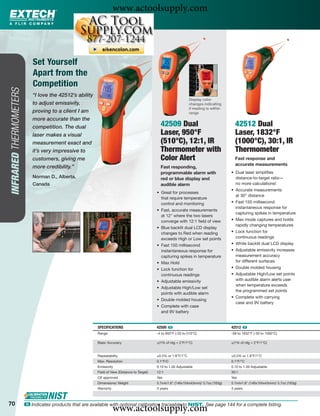 www.actoolsupply.com


                            Set Yourself
                            Apart from the
                            Competition
INFRARED THERMOMETERS




                           “I love the 42512’s ability
                                                                                                                    Display color
                           to adjust emissivity,                                                                    changes indicating
                                                                                                                    if reading is within
                           proving to a client I am                                                                 range
                           more accurate than the
                           competition. The dual                                                 42509 Dual                                  42512 Dual
                           laser makes a visual                                                  Laser, 950°F                                Laser, 1832°F
                           measurement exact and                                                 (510°C), 12:1, IR                           (1000°C), 30:1, IR
                           it’s very impressive to                                               Thermometer with                            Thermometer
                           customers, giving me                                                  Color Alert                                 Fast response and
                                                                                                                                             accurate measurements
                           more credibility.”                                                    Fast responding,
                                                                                                 programmable alarm with                   • Dual laser simpliﬁes
                           Norman D., Alberta,                                                   red or blue display and                     distance-to-target ratio—
                           Canada                                                                audible alarm                               no more calculations!
                                                                                                                                           • Accurate measurements
                                                                                               • Great for processes
                                                                                                                                             at 30" distance
                                                                                                 that require temperature
                                                                                                 control and monitoring                    • Fast 150 millisecond
                                                                                                                                             instantaneous response for
                                                                                               • Fast, accurate measurements
                                                                                                                                             capturing spikes in temperature
                                                                                                 at 12" where the two lasers
                                                                                                 converge with 12:1 ﬁeld of view           • Max mode captures and holds
                                                                                                                                             rapidly changing temperatures
                                                                                               • Blue backlit dual LCD display
                                                                                                 changes to Red when reading               • Lock function for
                                                                                                 exceeds High or Low set points              continuous readings
                                                                                               • Fast 150 millisecond                      • White backlit dual LCD display
                                                                                                 instantaneous response for                • Adjustable emissivity increases
                                                                                                 capturing spikes in temperature             measurement accuracy
                                                                                               • Max Hold                                    for different surfaces
                                                                                               • Lock function for                         • Double molded housing
                                                                                                 continuous readings                       • Adjustable High/Low set points
                                                                                               • Adjustable emissivity                       with audible alarm alerts user
                                                                                                                                             when temperature exceeds
                                                                                               • Adjustable High/Low set
                                                                                                                                             the programmed set points
                                                                                                 points with audible alarm
                                                                                                                                           • Complete with carrying
                                                                                               • Double molded housing
                                                                                                                                             case and 9V battery
                                                                                               • Complete with case
                                                                                                 and 9V battery


                                                          SPECIFICATIONS                       42509 ං                                     42512 ං
                                                          Range                                -4 to 950°F (-20 to 510°C)                  -58 to 1832°F (-50 to 1000°C)

                                                          Basic Accuracy                       ±(1% of rdg + 2°F/1°C)                      ±(1% of rdg + 2°F/1°C)


                                                          Repeatability                        ±0.5% or 1.8°F/1°C                          ±0.5% or 1.8°F/1°C
                                                          Max. Resolution                      0.1°F/C                                     0.1°F/°C
                                                          Emissivity                           0.10 to 1.00 Adjustable                     0.10 to 1.00 Adjustable
                                                          Field of View (Distance to Target)   12:1                                        30:1
                                                          CE approved                          Yes                                         Yes
                                                          Dimensions/ Weight                   5.7x4x1.6" (146x104x43mm)/ 5.7oz (163g)     5.7x4x1.6" (146x104x43mm)/ 5.7oz (163g)
                                                          Warranty                             3 years                                     3 years



70
                                                                     www.actoolsupply.com
                        ං Indicates products that are available with optional calibration traceable to NIST. See page 144 for a complete listing.
 